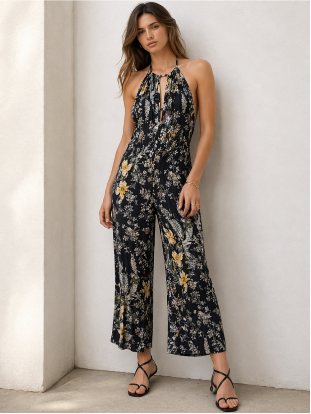 Free People Black Floral Halter Jumpsuit with Yellow Accents
